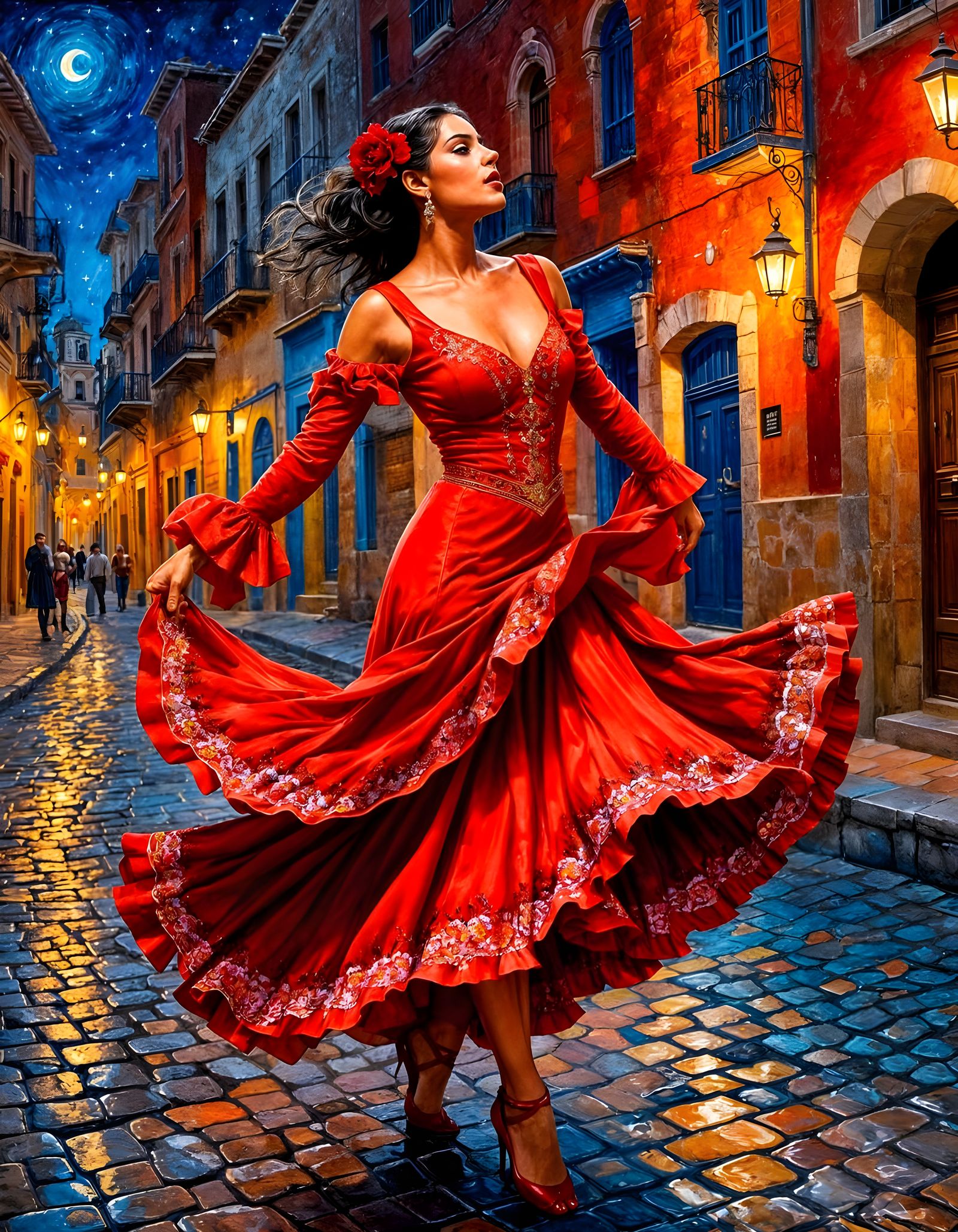 Flamenco Dancer in Red Dress: Neo-Impressionist Oil Painting