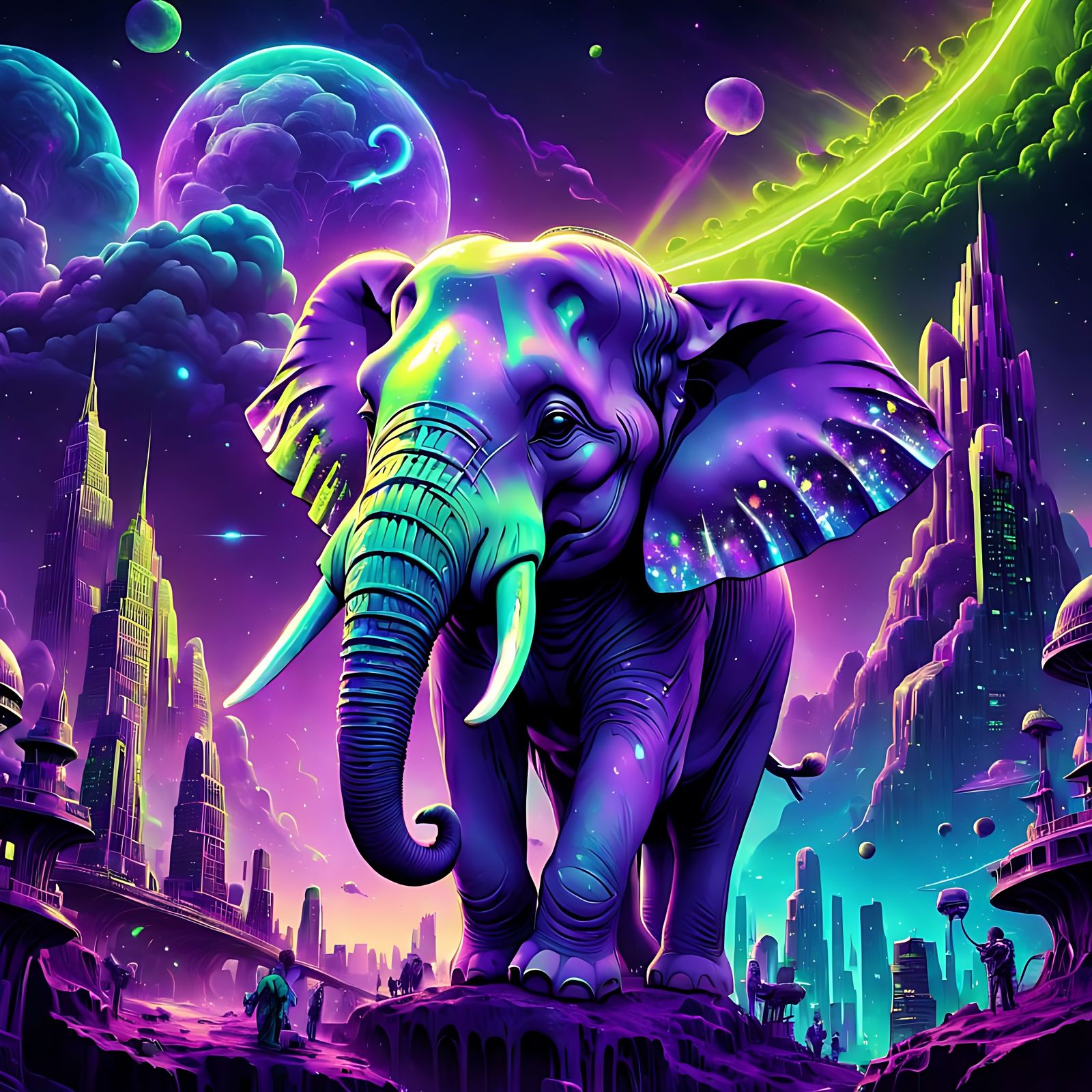 Epic Cosmic Metropolis in Vibrant Purple and Lime