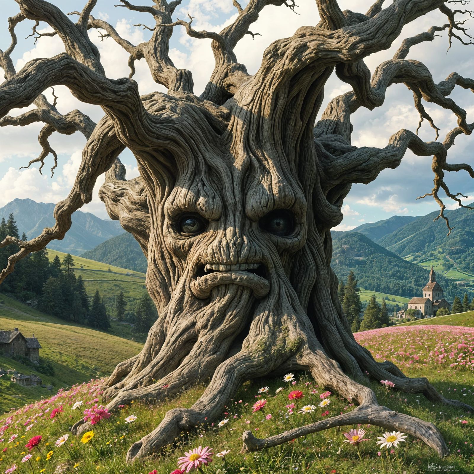 Enchanted Valley with Ancient, Face-Like Tree in Bloom