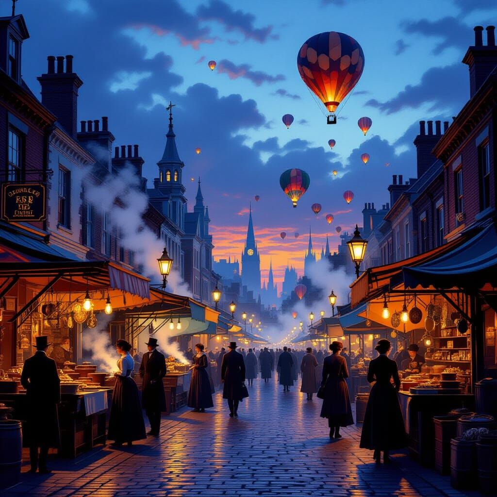 Victorian Street Market at Dusk with Hot Air Balloons