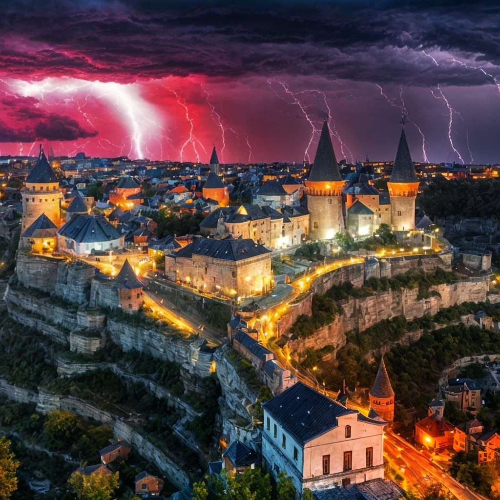 Panoramic Nighttime Cityscape of Kamianets-Podilskyi in Gold...