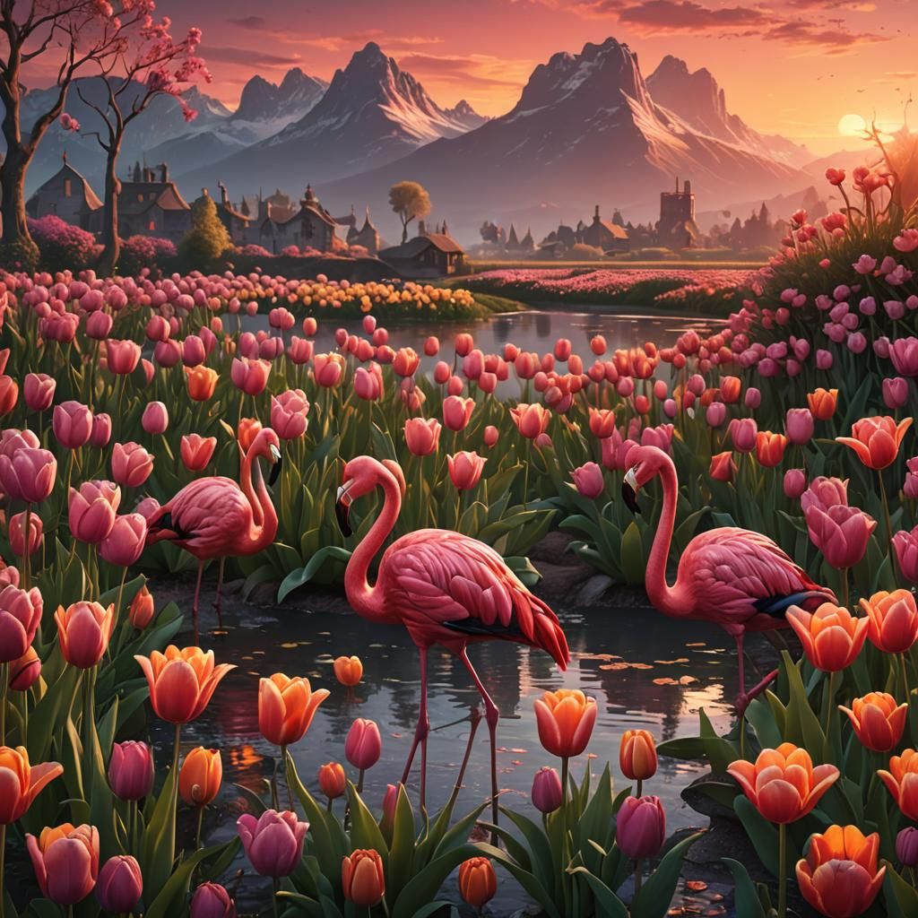 Sunset Flamingo Among Tulips: Detailed Fantasy Art