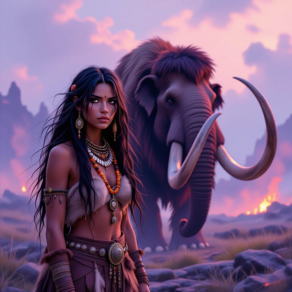 Cave Girl and Mammoth in Fantasy Landscape