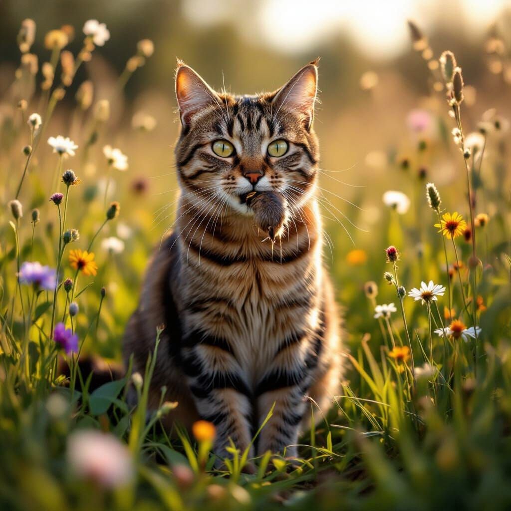 Tabby Cat in Meadow with Prey: Photorealistic Rendering