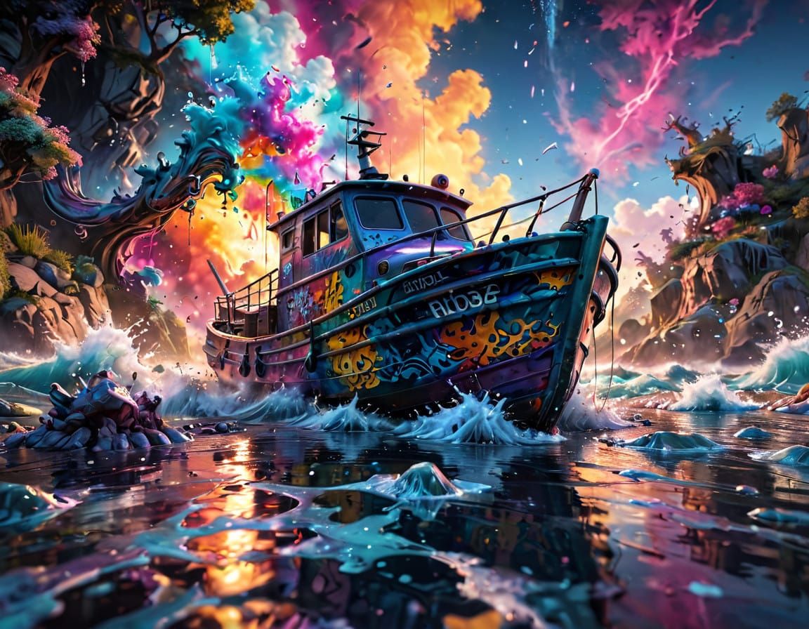 Surreal Fishing Village Scene in Vibrant, Hyperdetailed Styl...