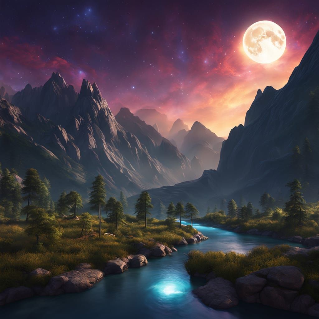 Majestic Mountains Under Starry Night Sky with Glowing Moon