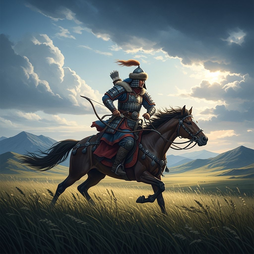 Mongol Warrior Galloping on Steppe in Epic Landscape
