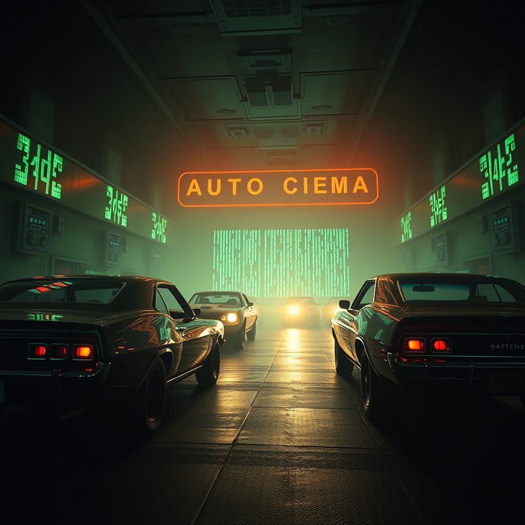 Futuristic Autocinema with Vintage Cars, Hyperrealistic Rend...