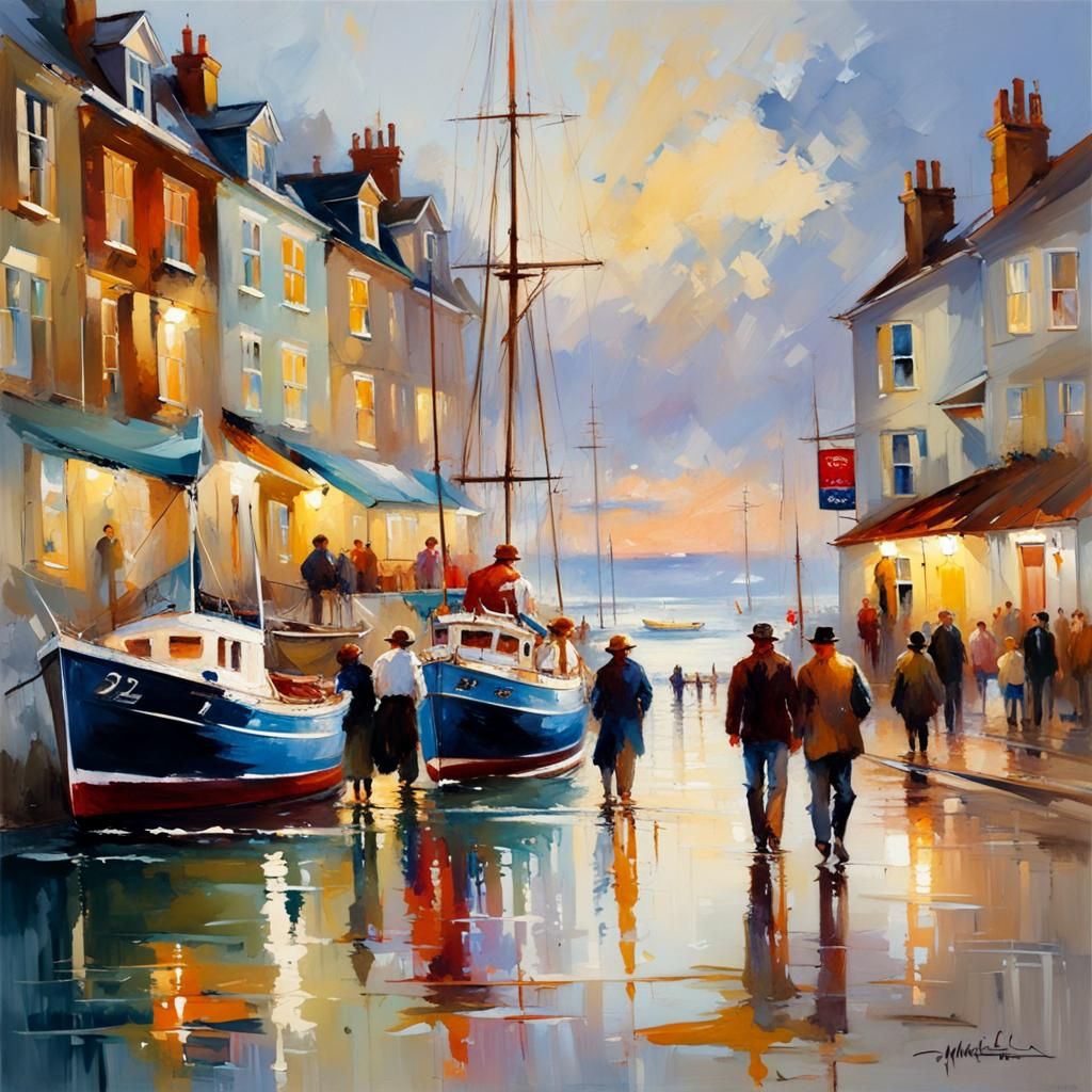 Picturesque Seaside Town in Impressionist Style