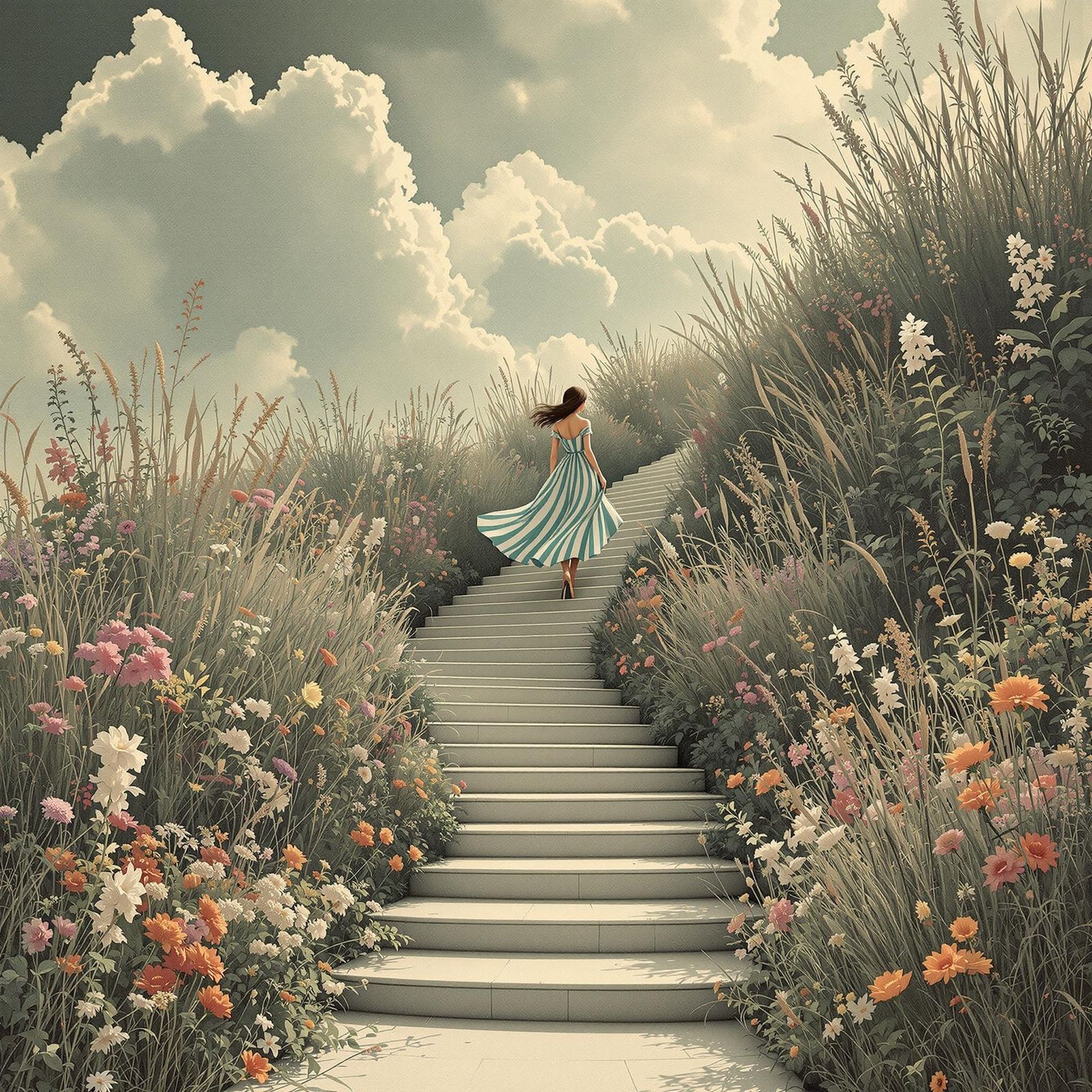 Ethereal Staircase Ascension in Soft Sepia