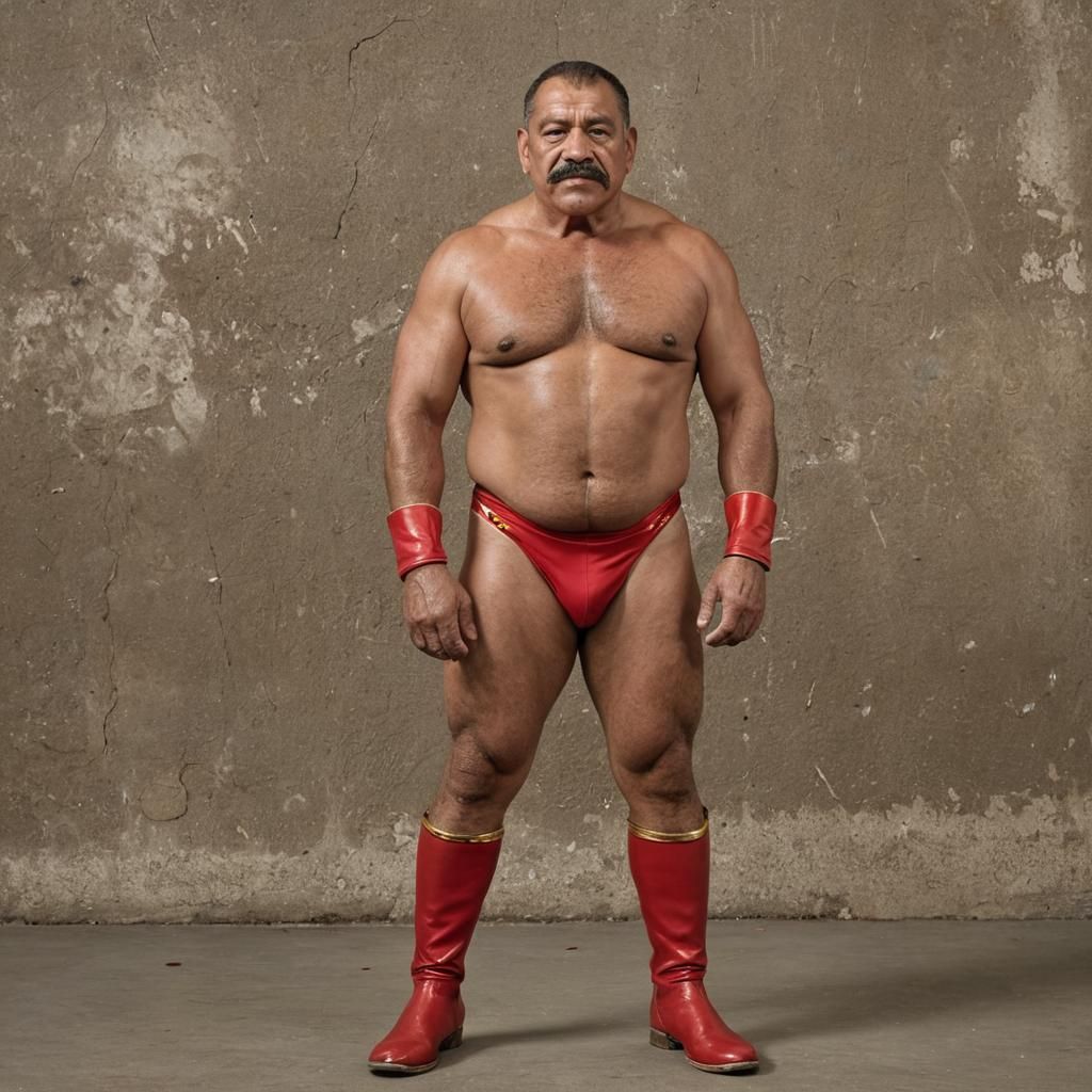 Defiant Puerto Rican Luchador Wrestler in Red Lycra