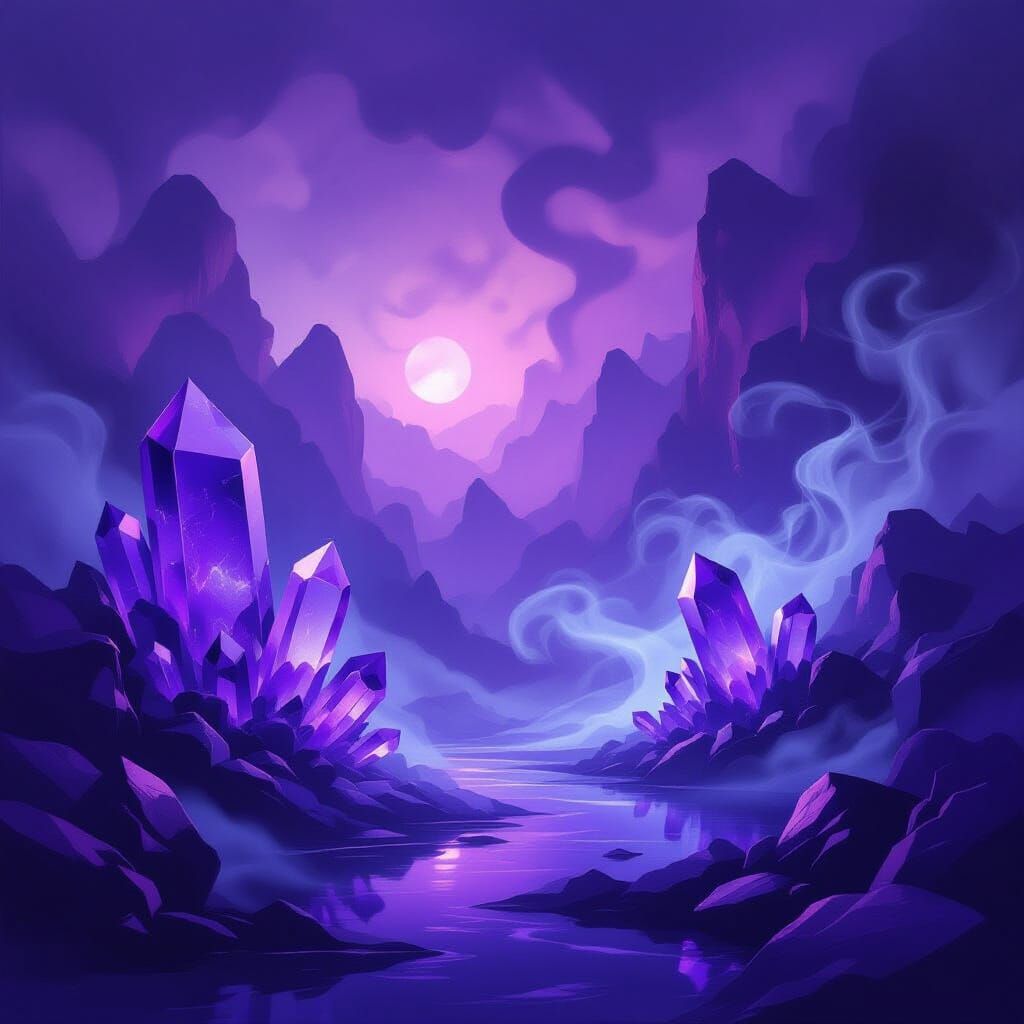 Surreal Dreamscape of Glowing Amethyst and Swirling Mist