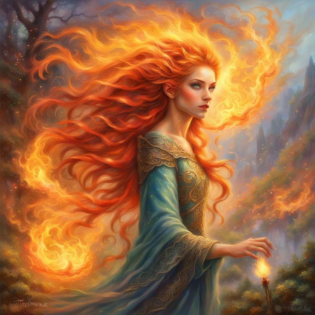 Ethereal Flame Spirit Queen in Fantasy Hyperdetailed Scene