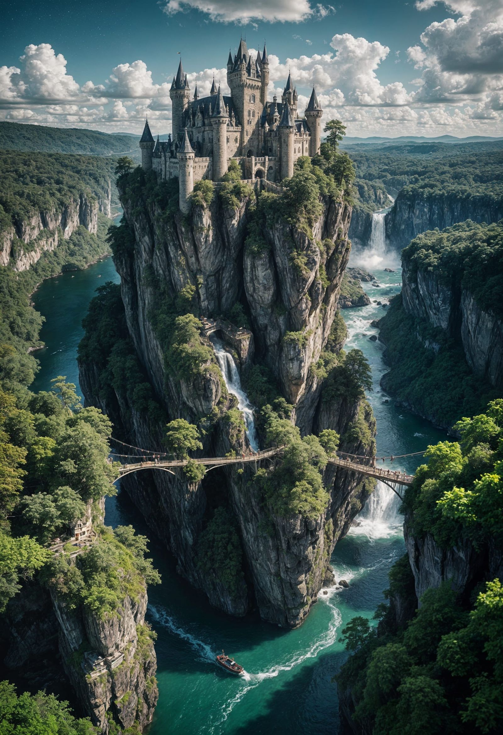Floating Islands Castle in Space with Rope Bridges