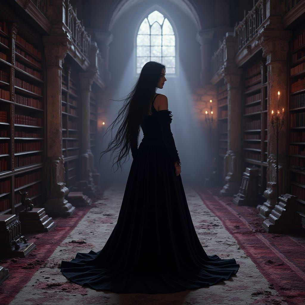Gothic Vampire Queen in Decaying Castle Library
