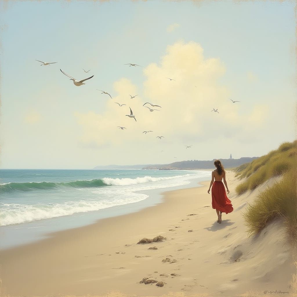 Seascape with Woman on Shore in Impressionist Style