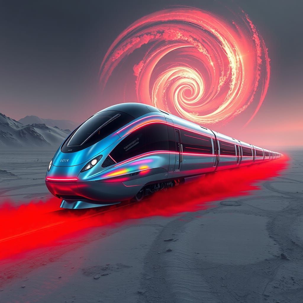 Futuristic Train Speeds Across Desolate Planet in Neon Hues