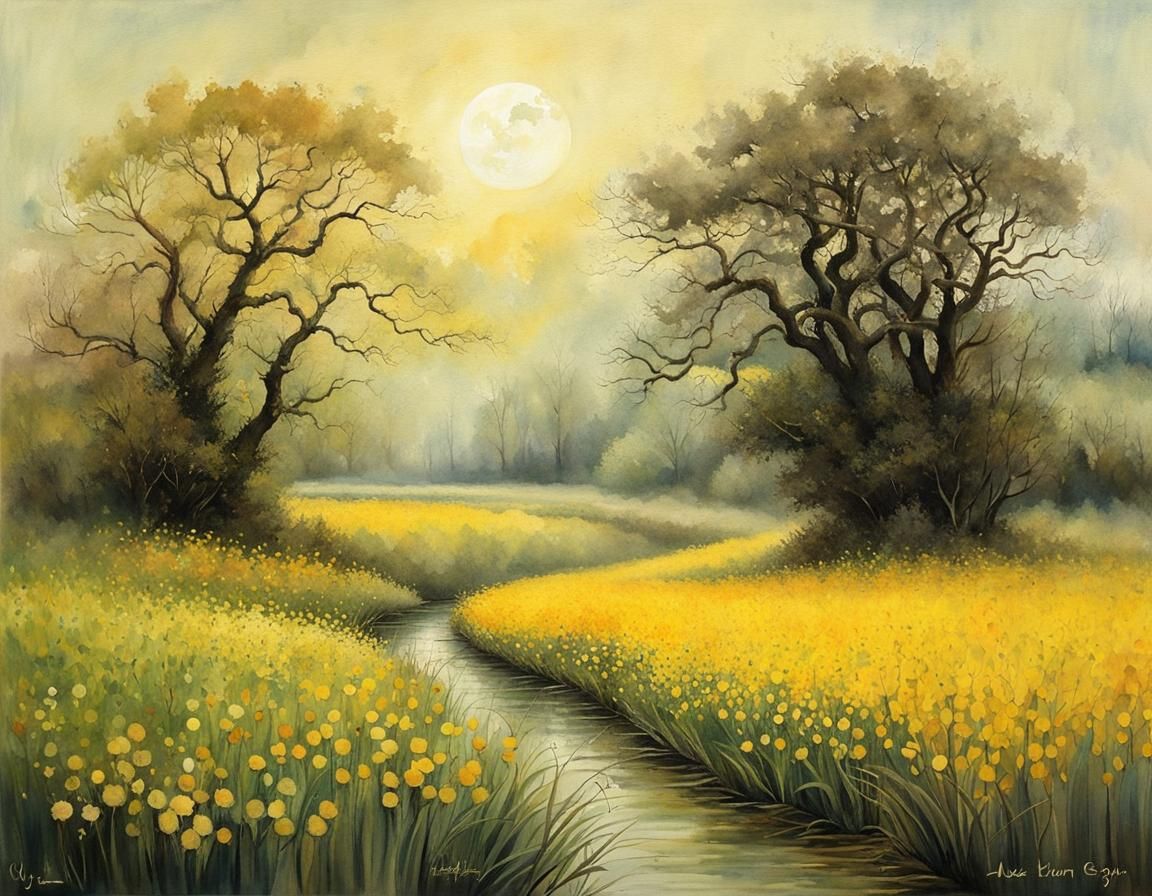 Whimsical Watercolour Landscape in Soft Spring Colors