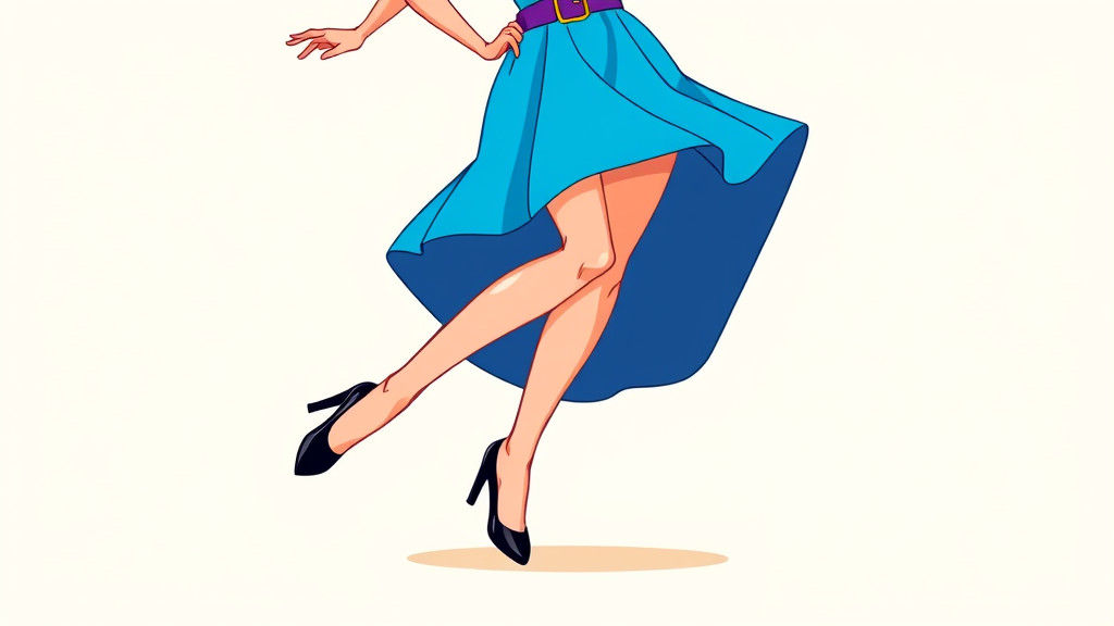 Energetic Manga-Style Woman Tap Dancing in Blue Dress