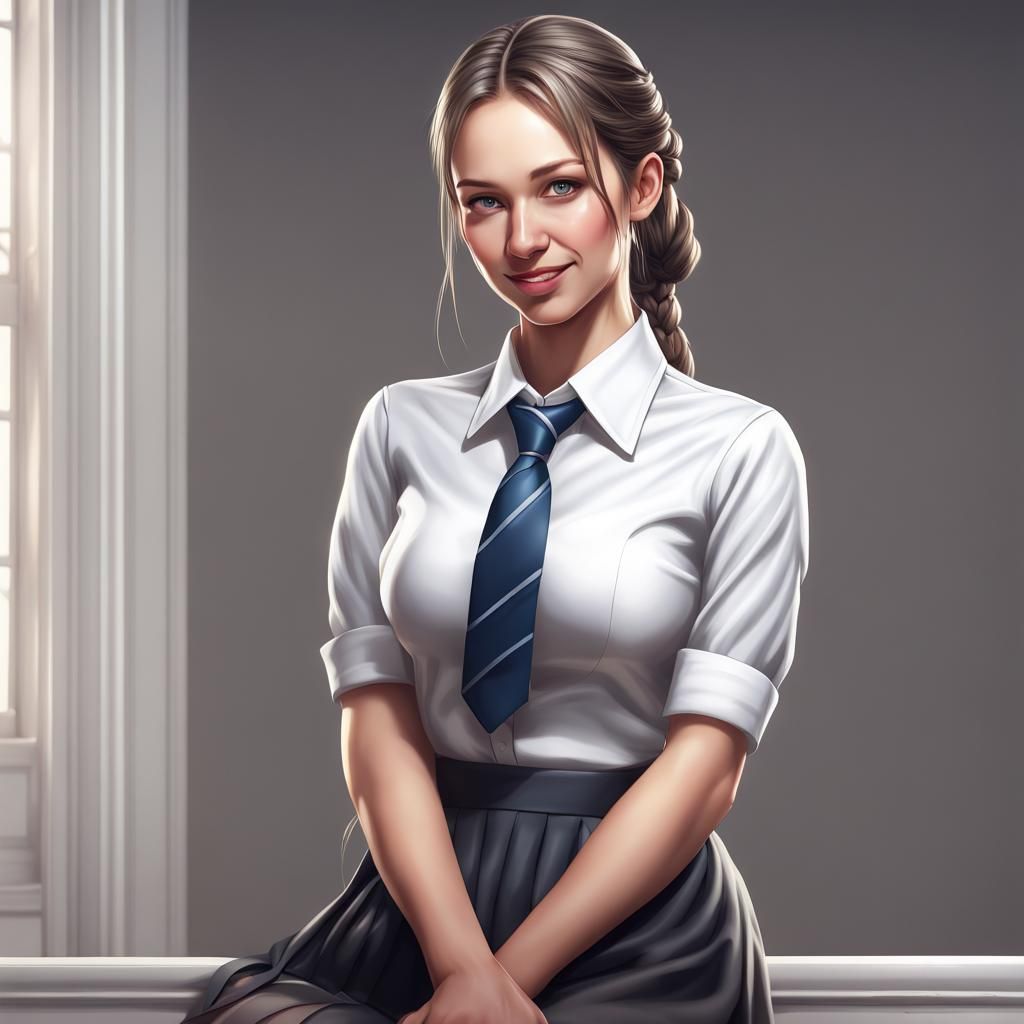 Woman in Maid Uniform Kneeling, Hyperrealistic 8K Portrait