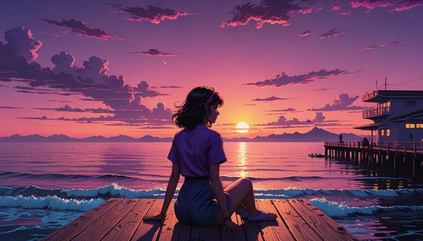 Synthwave Sunset: Violet Sky Over the Ocean