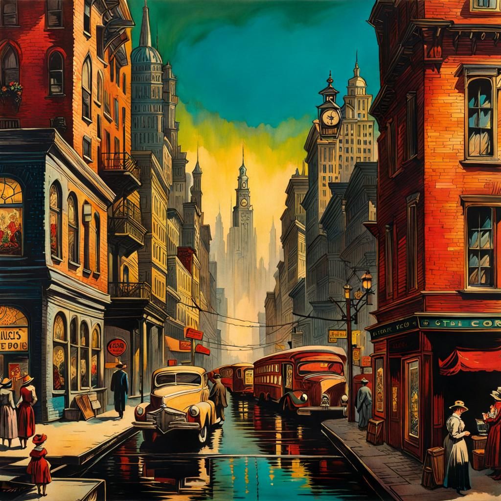 1950s Cityscape with Alcohol Ink Effects