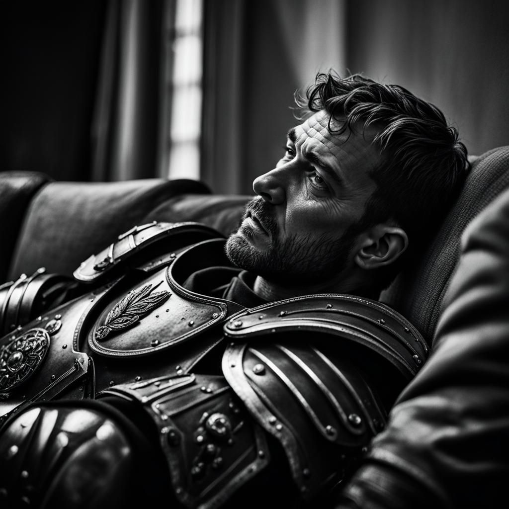 Roman Man in Armor Watches TV: Close-Up Portrait