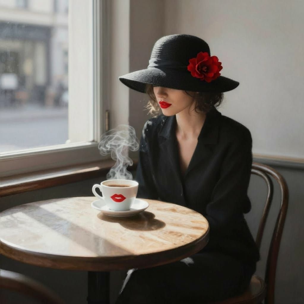 Woman in Sun-Dappled Cafe in Impressionistic Style