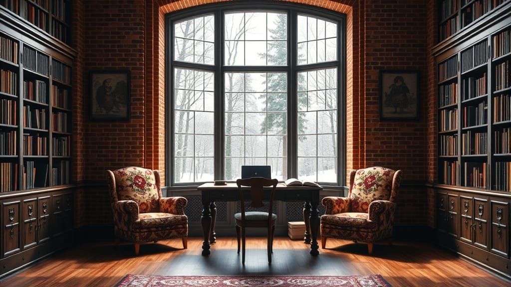 Victorian Library Scene with Snowy Landscape