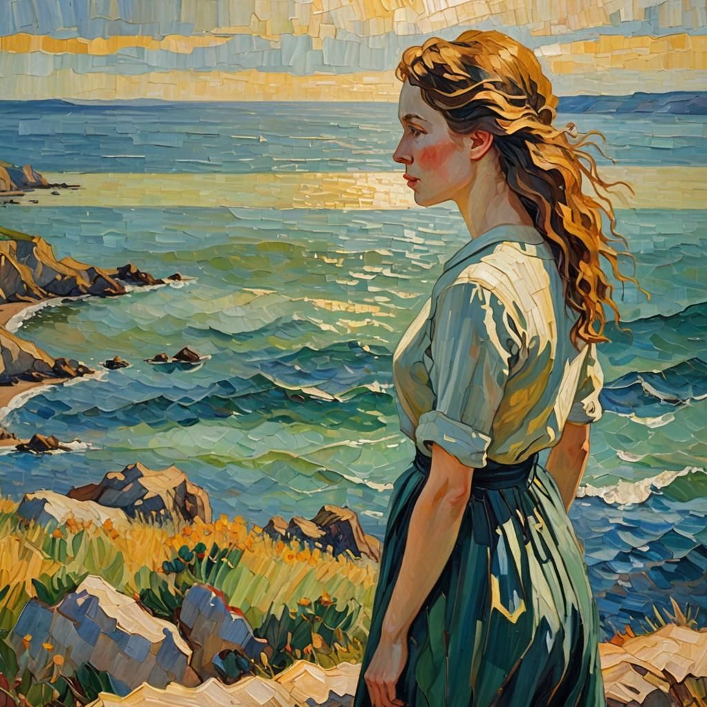Woman on Cliff in Neo-Impressionist Style