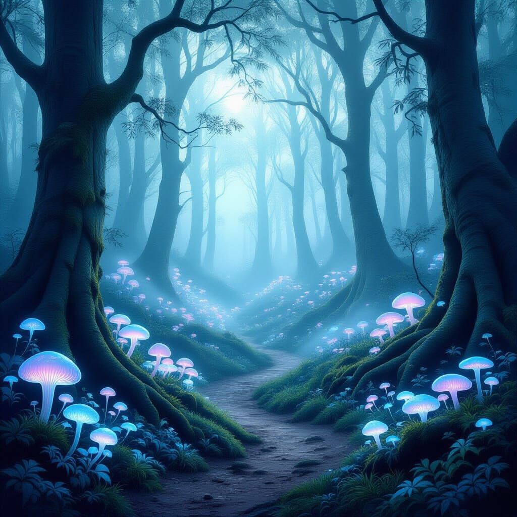 Enchanted Forest with Glowing Fog and Luminous Fungi