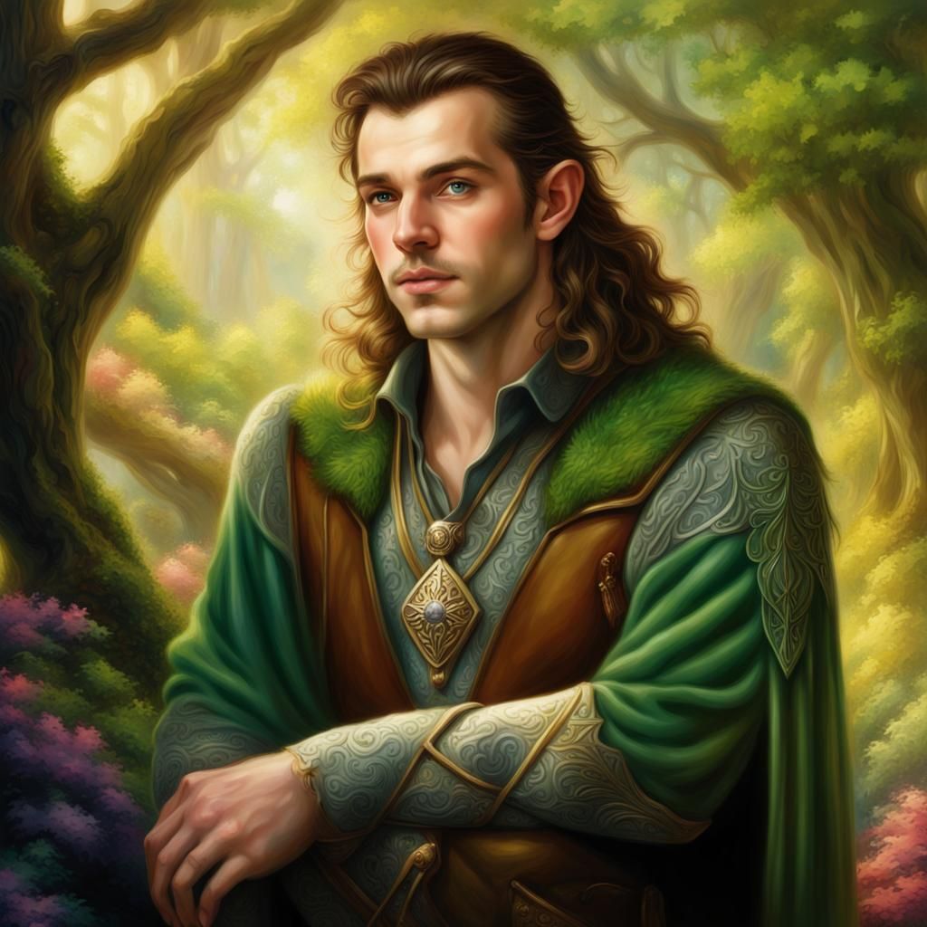 Ethereal Elven Man in Sunny Glen: Airbrush Art