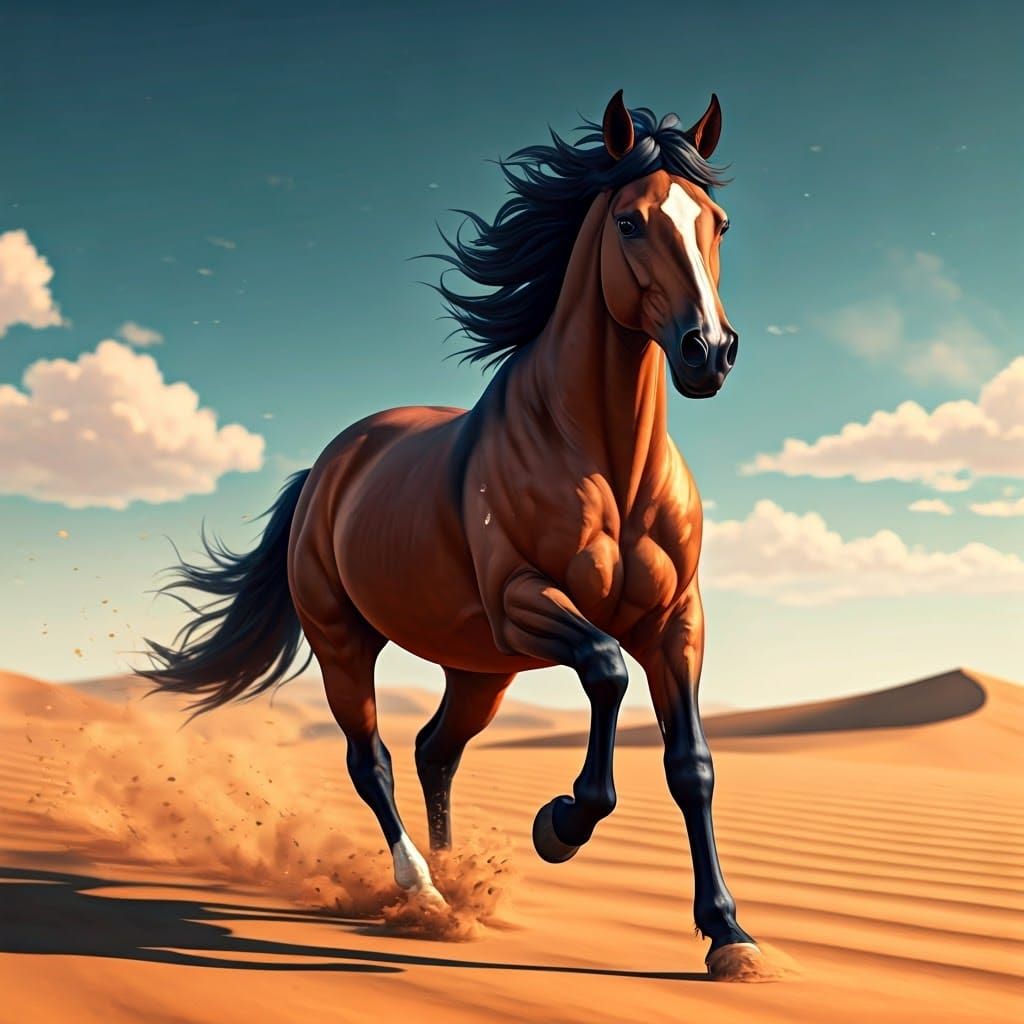 Majestic Horse Gallops Through Desert Sand Dunes in Anime St...