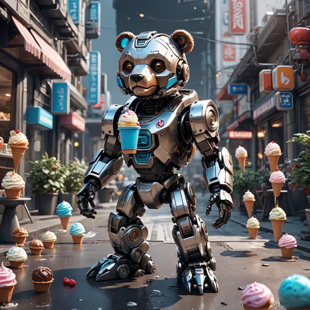Robot Bear Enjoys Ice Cream: Sci-Fi Mech