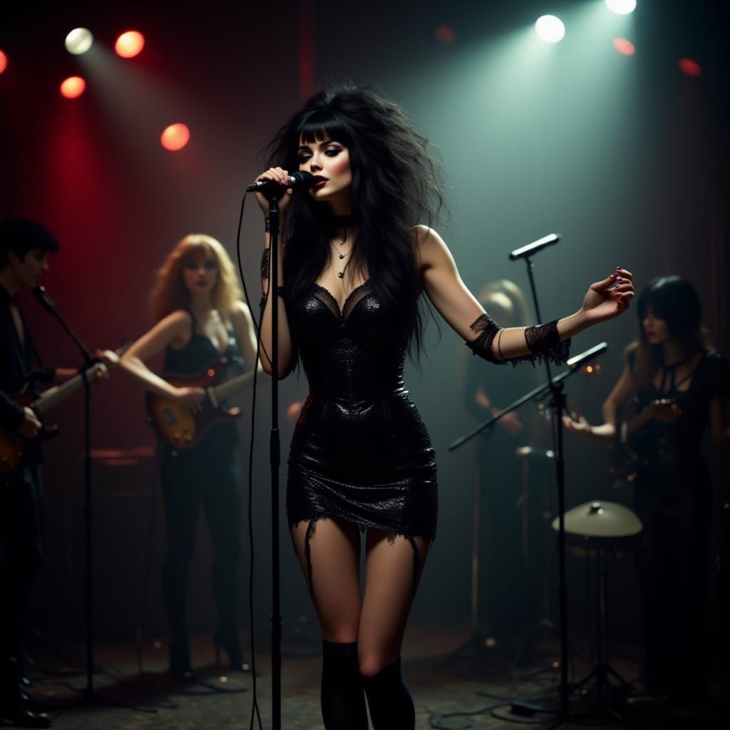 Goth Band Singer on Stage in Smoky Bar