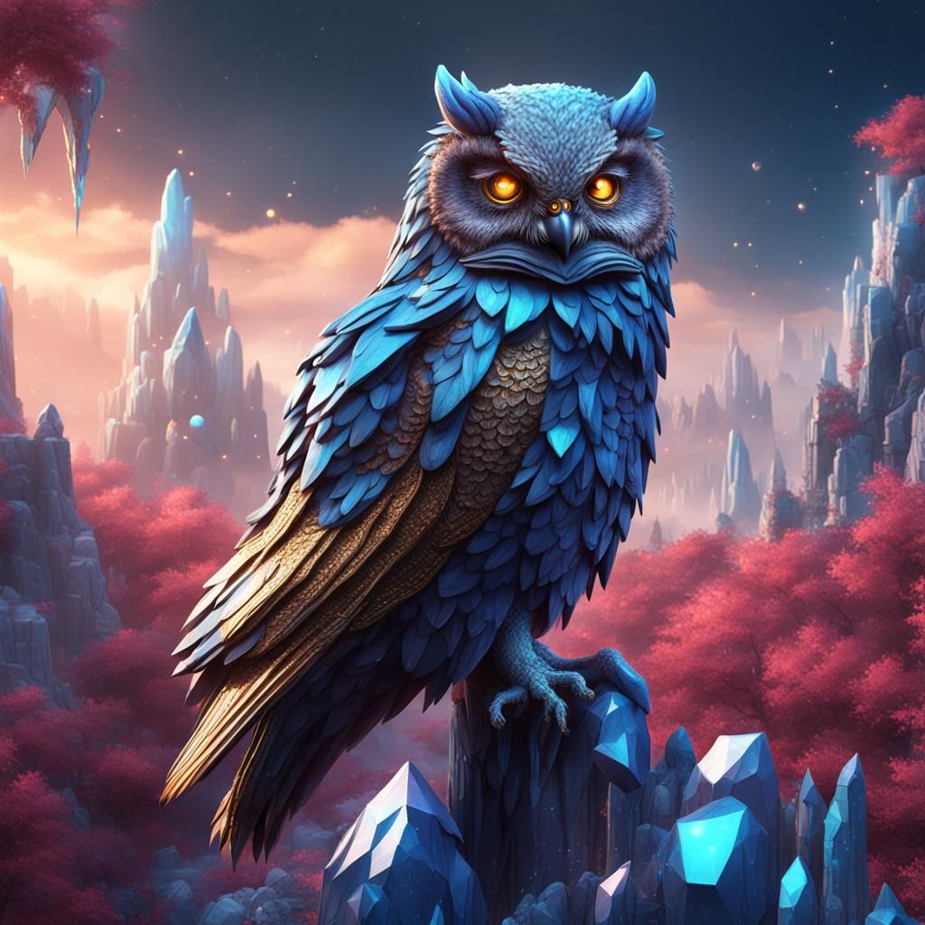 Crystallised Owl in Flight: Detailed Digital Painting