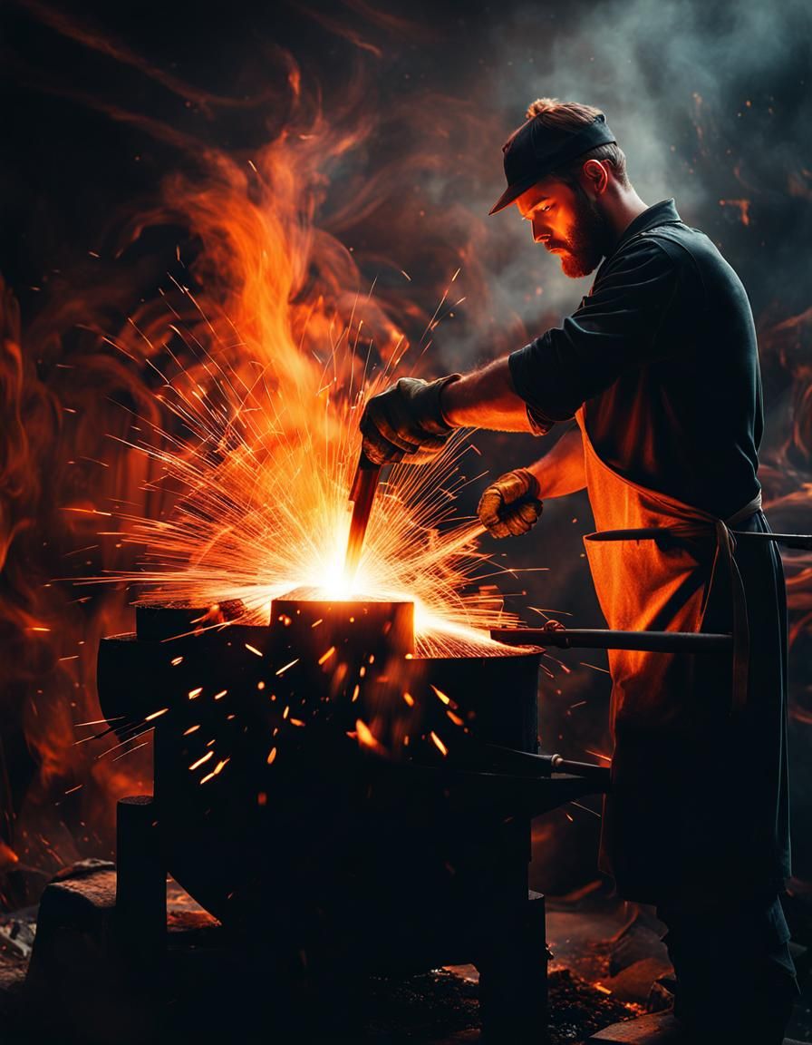 Blacksmith Double Exposure with Flames and Sparks