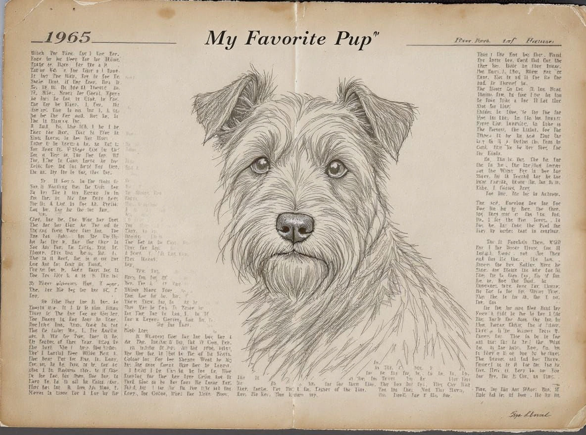 Adorable Terrier Sketch on Aged Newspaper
