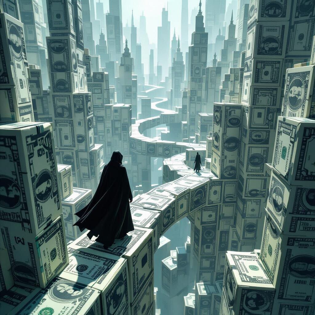 Origami Cityscape: Shadowy Figure in Surreal Paper World