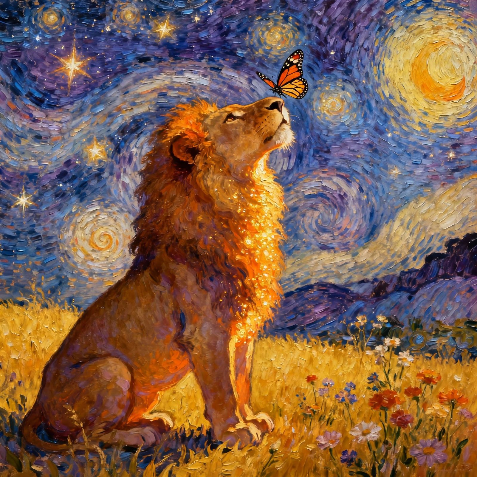 Lion Reaching for Butterfly in Starry Sky