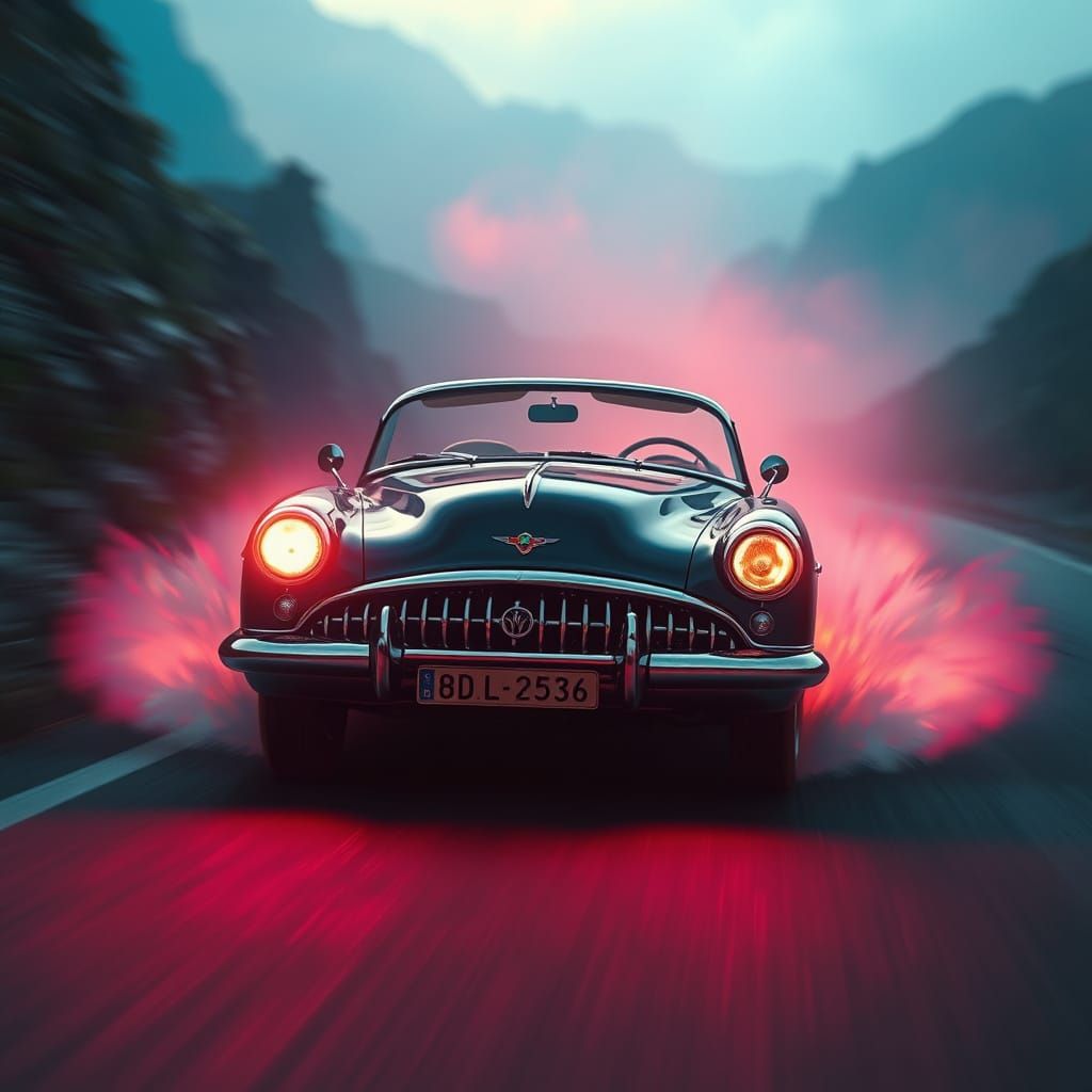 Majestic Car Speeds Through Dreamlike Landscape in Cyberpunk...