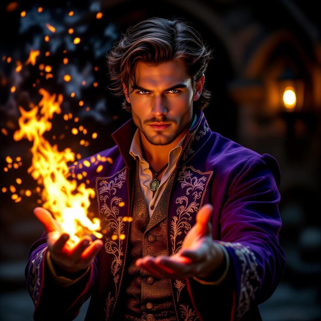 Young Wizard Casting Fire Spell in Photorealistic Style