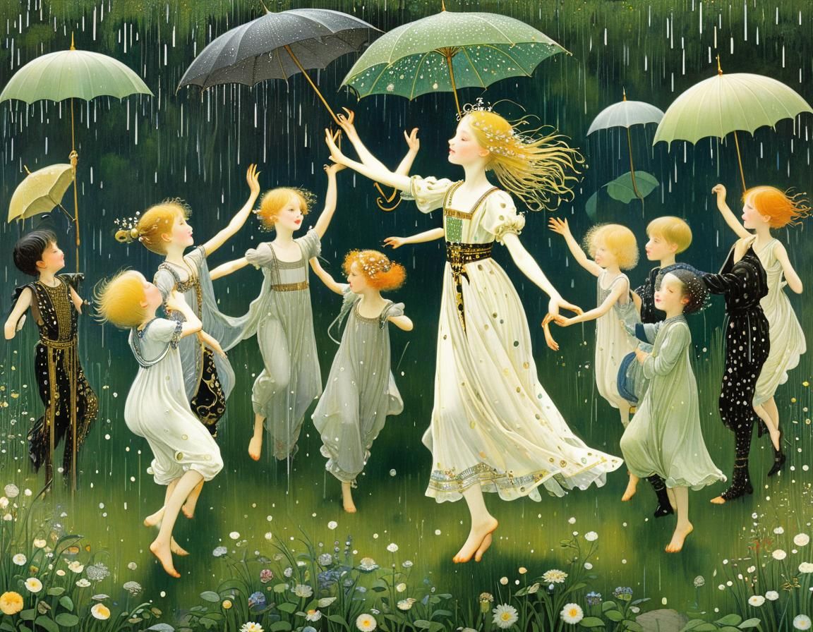 Children Dancing in Summer Rain: Klimt & Nielsen Style