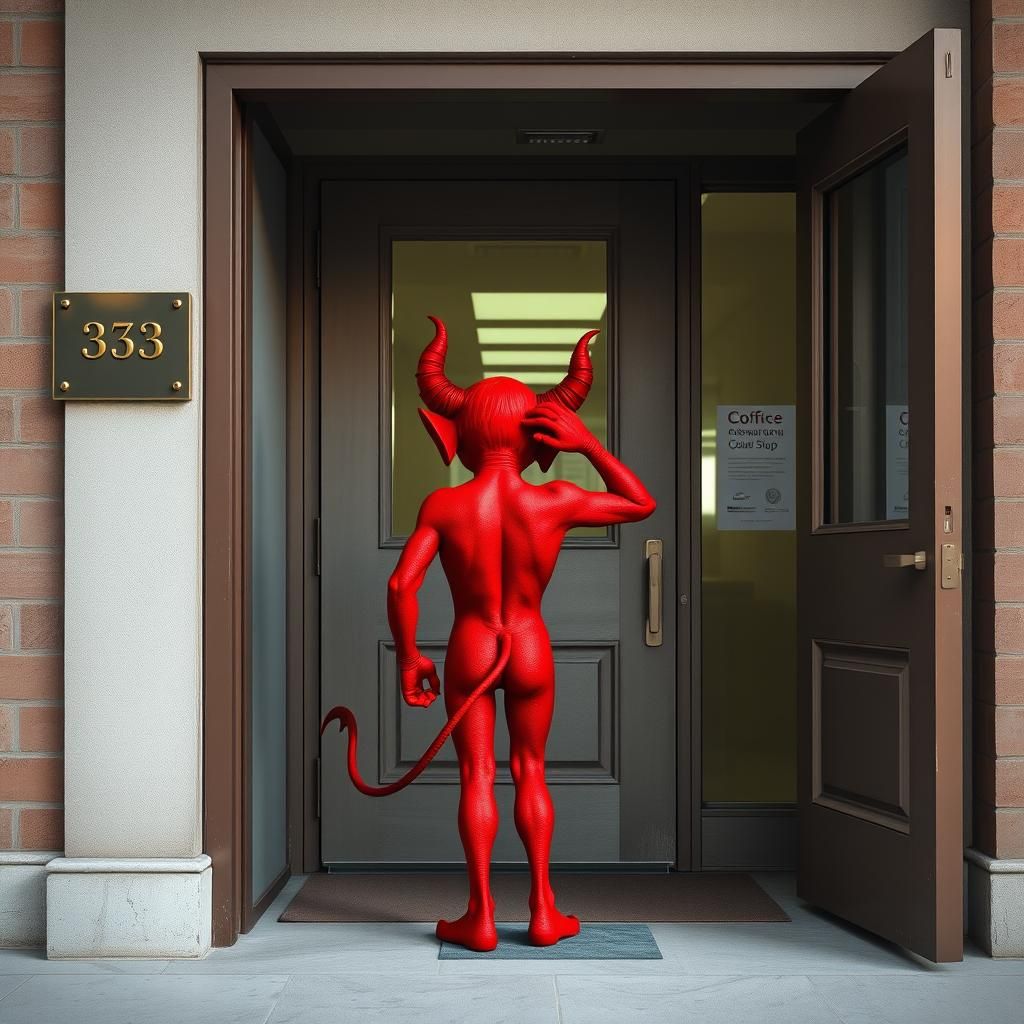 Surreal Midget Devil in Office Building Doorway