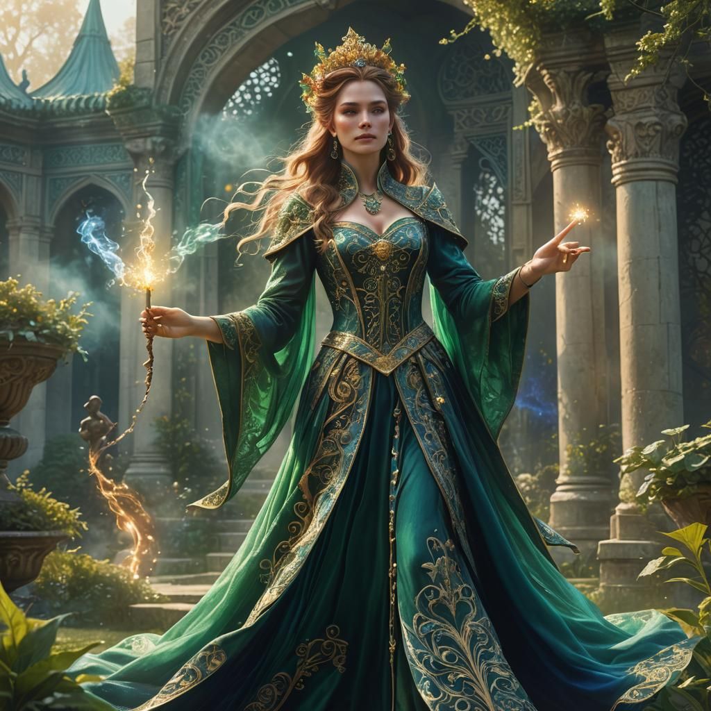 Enchanting Sorceress Casting Spell in Art Nouveau Style