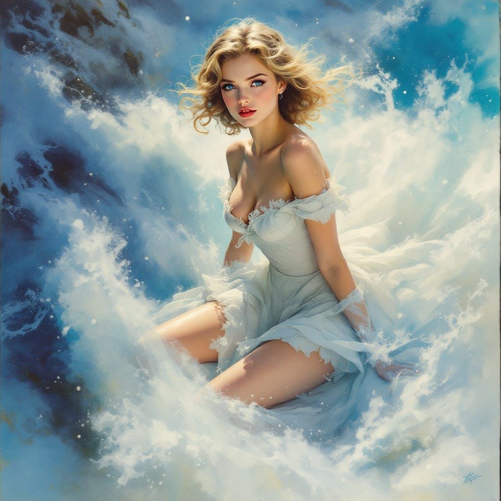 Surreal Blue-Eyed Siren Rises from Oceanic Depths in Aquarel...