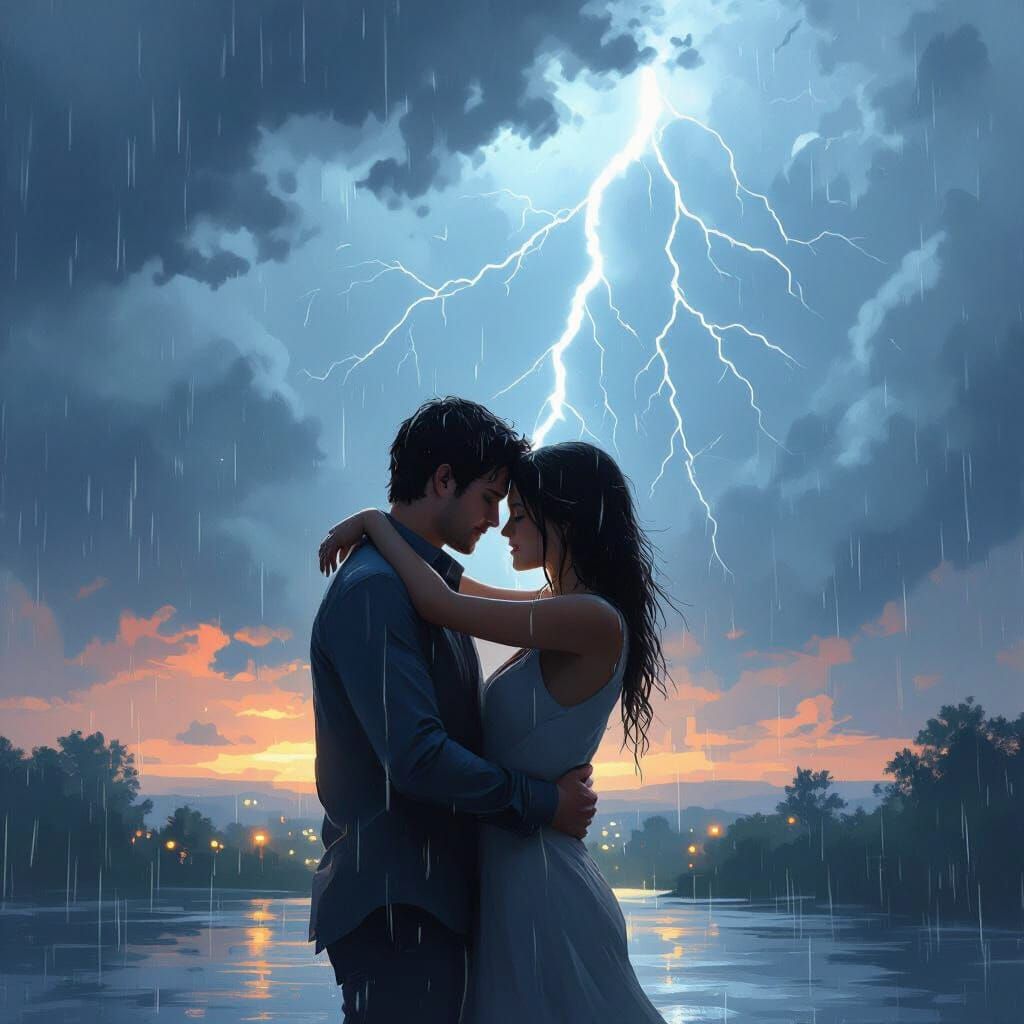 Couple Embracing in Stormy Rain Illuminated by Lightning