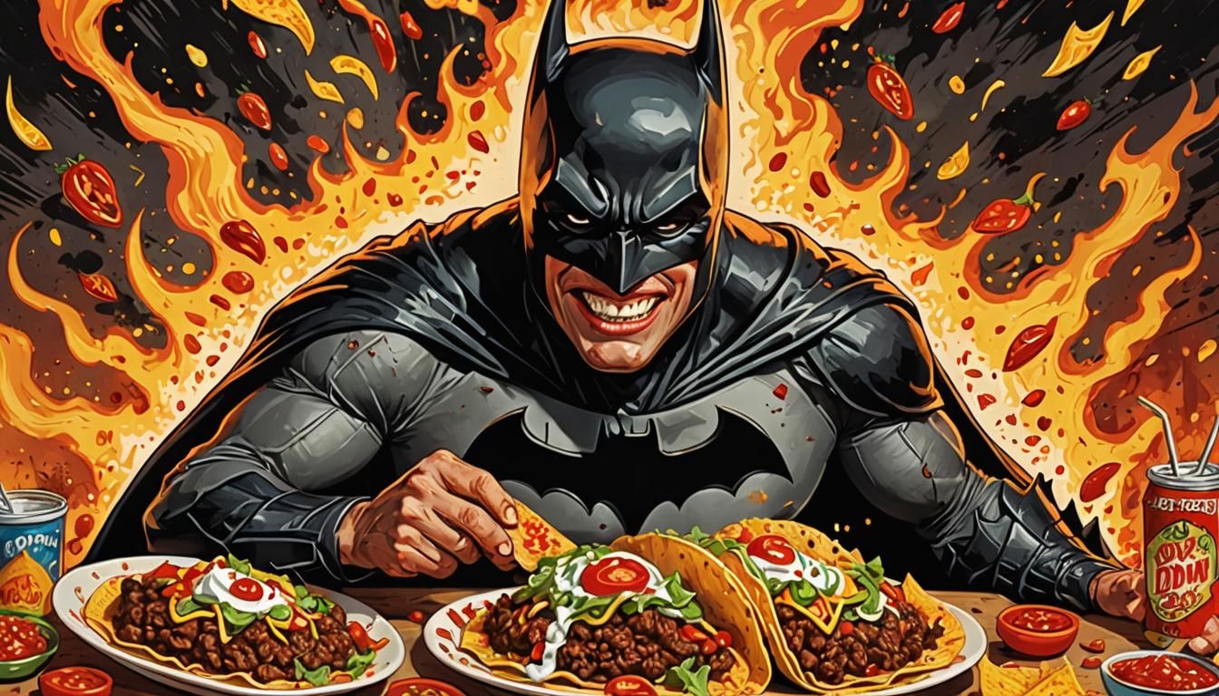 Batman joyfully munching on a very spicy taco with a extreme...