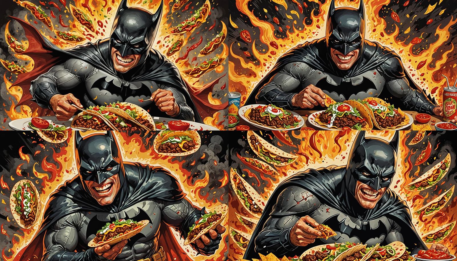 Batman joyfully munching on a very spicy taco with a extreme...
