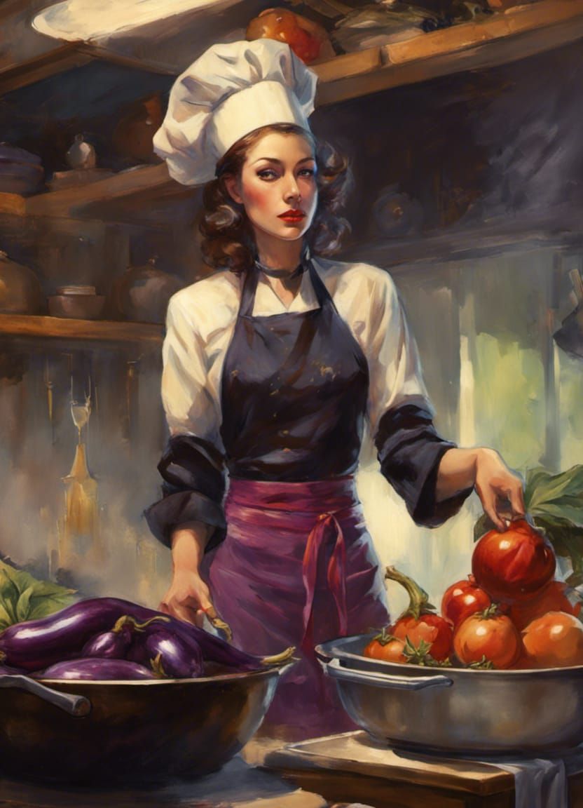 Glamorous Witch Chef Cleans Eggplant, Pin-Up Art